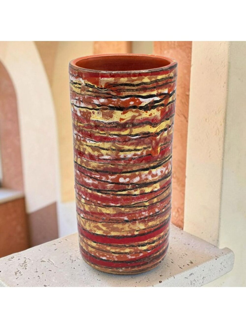 Mid-Century Italian Pottery Vase Multicolor Abstract Stripes Handcrafted 7" Tall